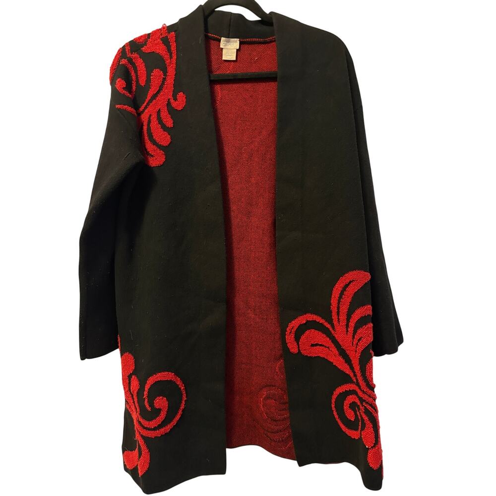 Chico's Embroidered Sweater Cardigan Black Red Sz S